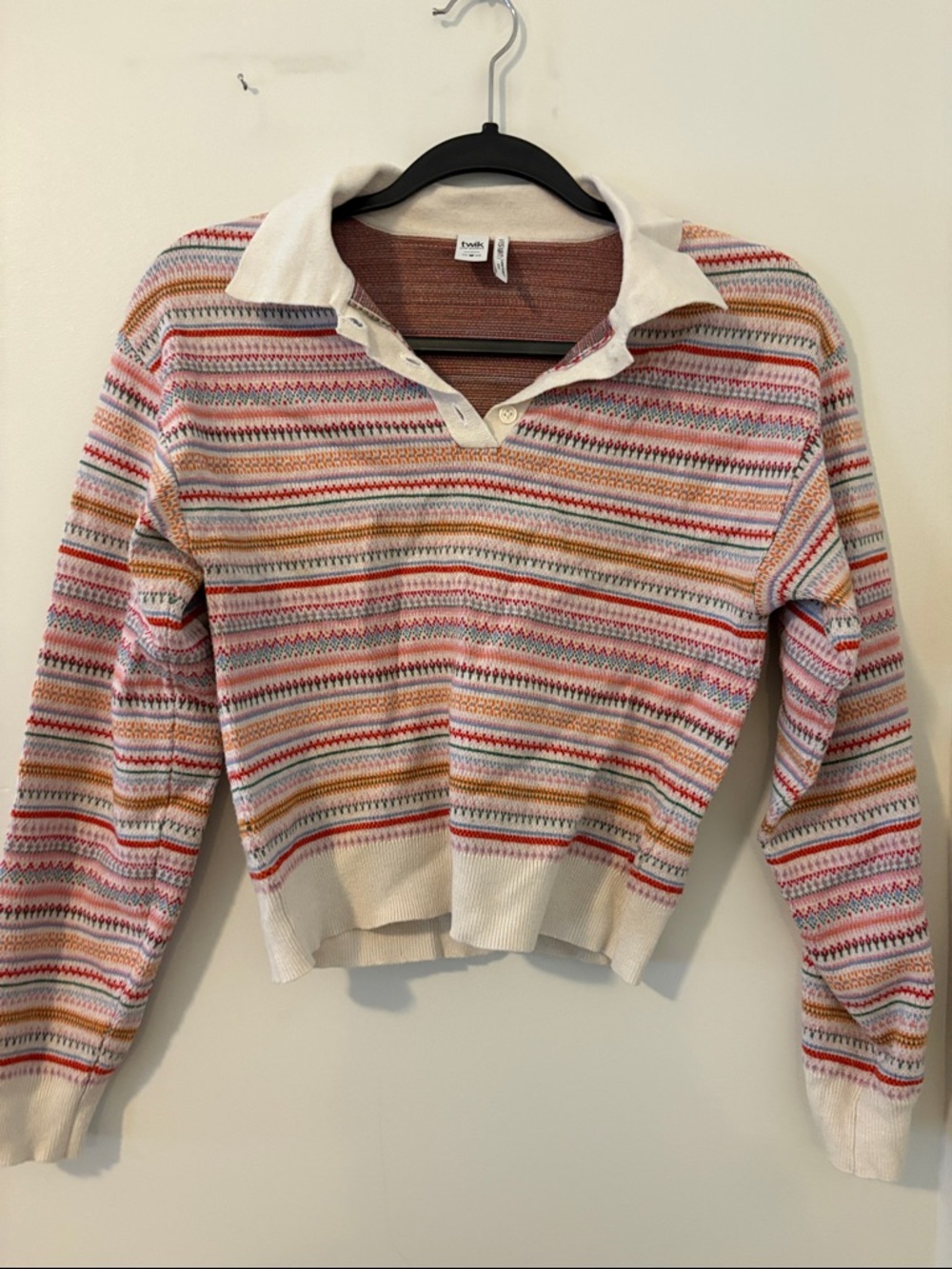 twik Striped Polo V‑Neck Sweater in Cream, Pink, Red and Blue